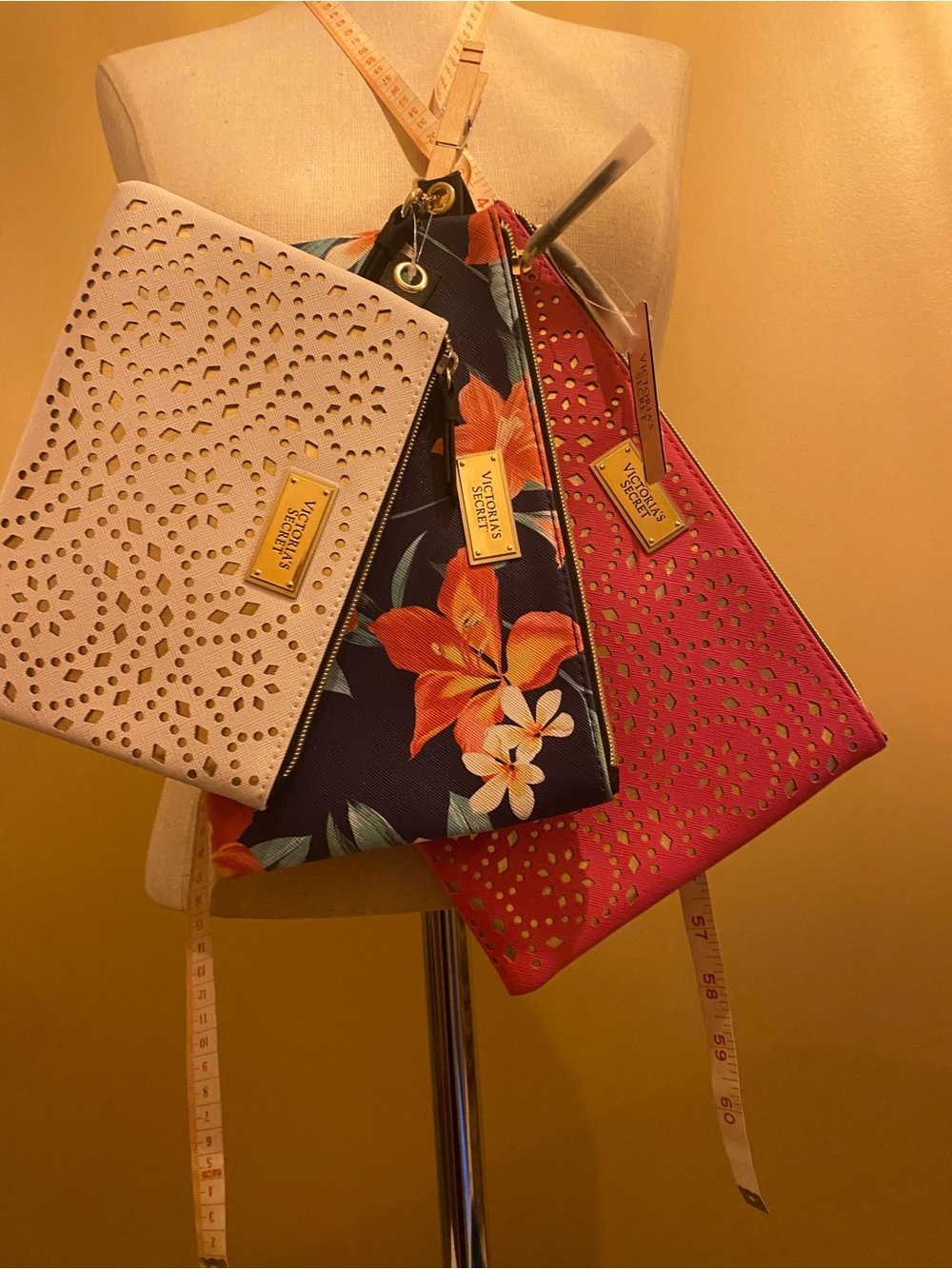 Victoria's Secret White, Navy Floral & Pink Laser-Cut Pouch Trio